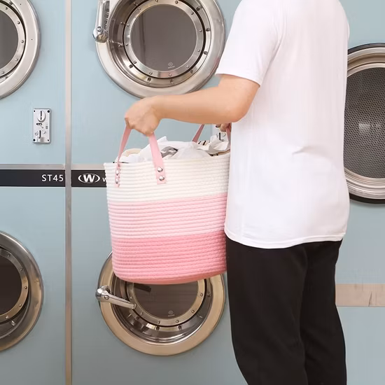 Paniers faits sur commande de stockage de blanchisserie d'OEM de corde de coton de logo tissés avec la poignée